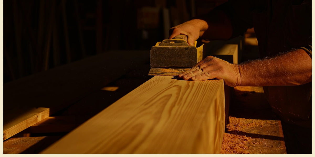 A craftsman sanding a hardwood beam by hand in the CB Design workshop