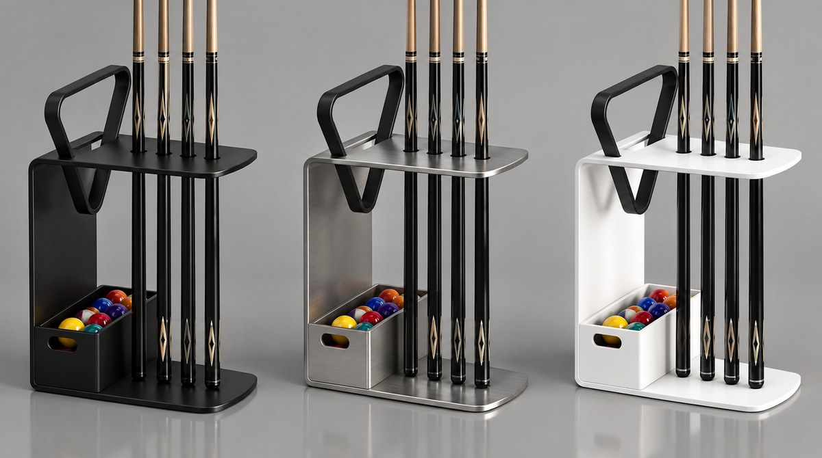 Pool cue stick racks in black, brushed metal and white finishes, each holding cues with a billiard ball compartment