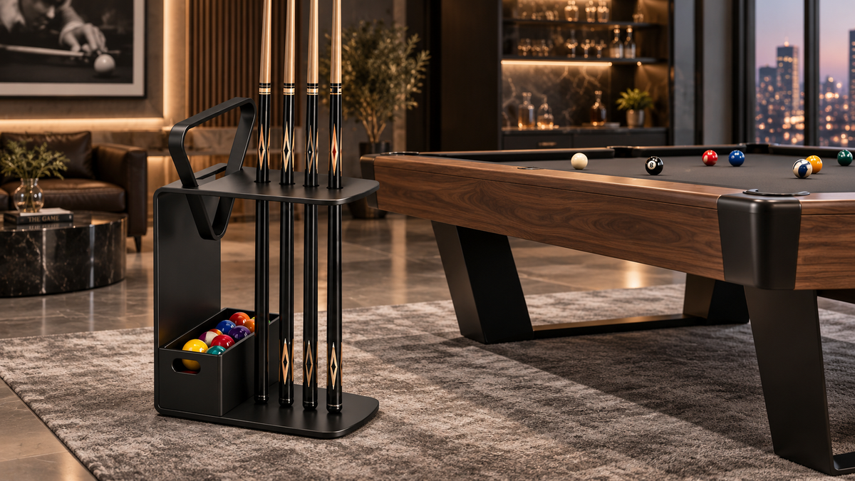 Black steel floor cue rack holding four cues and a ball tray beside a walnut pool table in a city-view billiards lounge