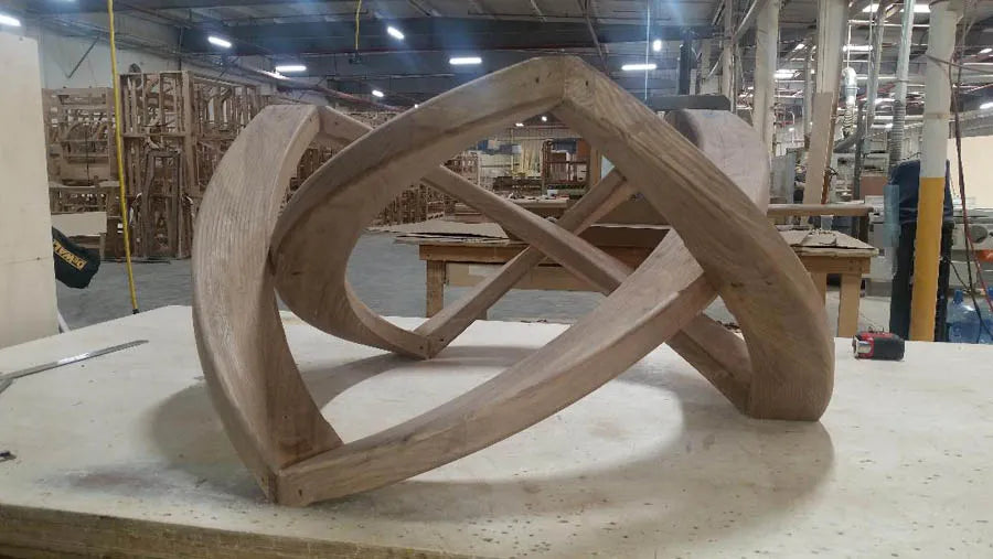 A sculptural interlocking wood piece built in the CB Design workshop