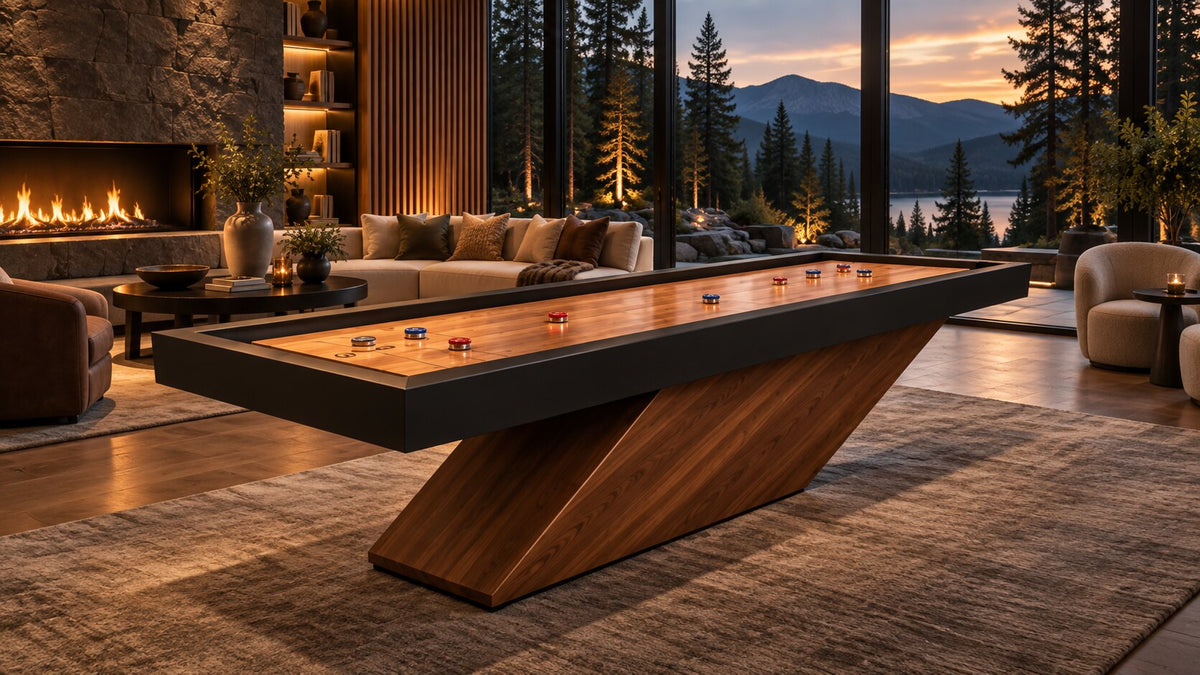 A custom shuffleboard table in an evening lounge with mountain and city views