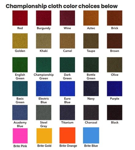 Championship pool table cloth color chart